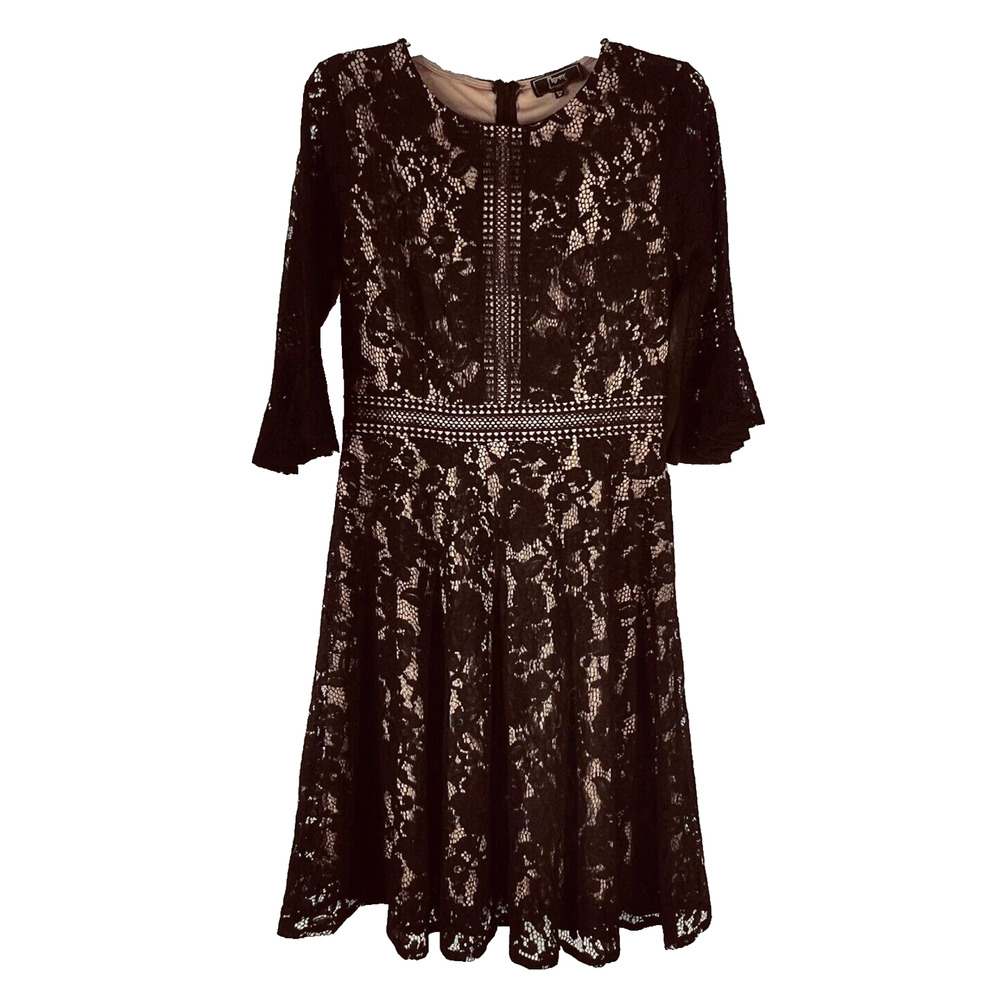Miss May Womens Dress Medium Black Floral Lace Tan Lining Flare Sleeves A Line